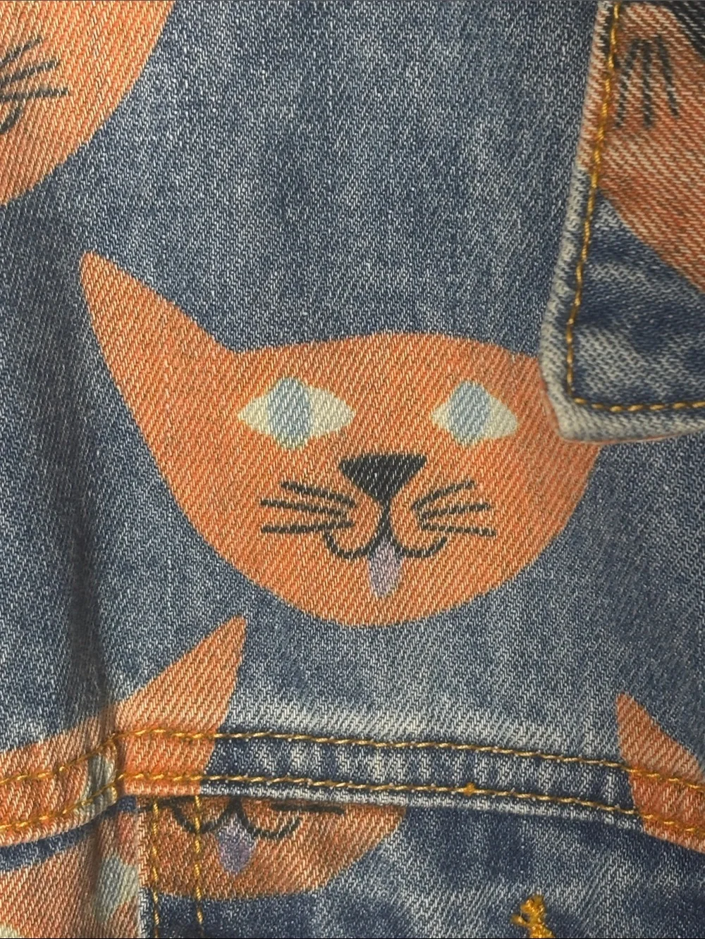 Jellymallow Sylvan Boggs Kids Orange Cat Face Denim Jacket Blue Light Wash
